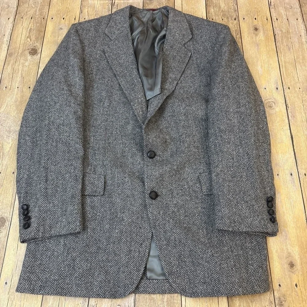 Hart Schaffner Marx Blazer Jacket Mens Grey Herringbone Wool Sport Coat